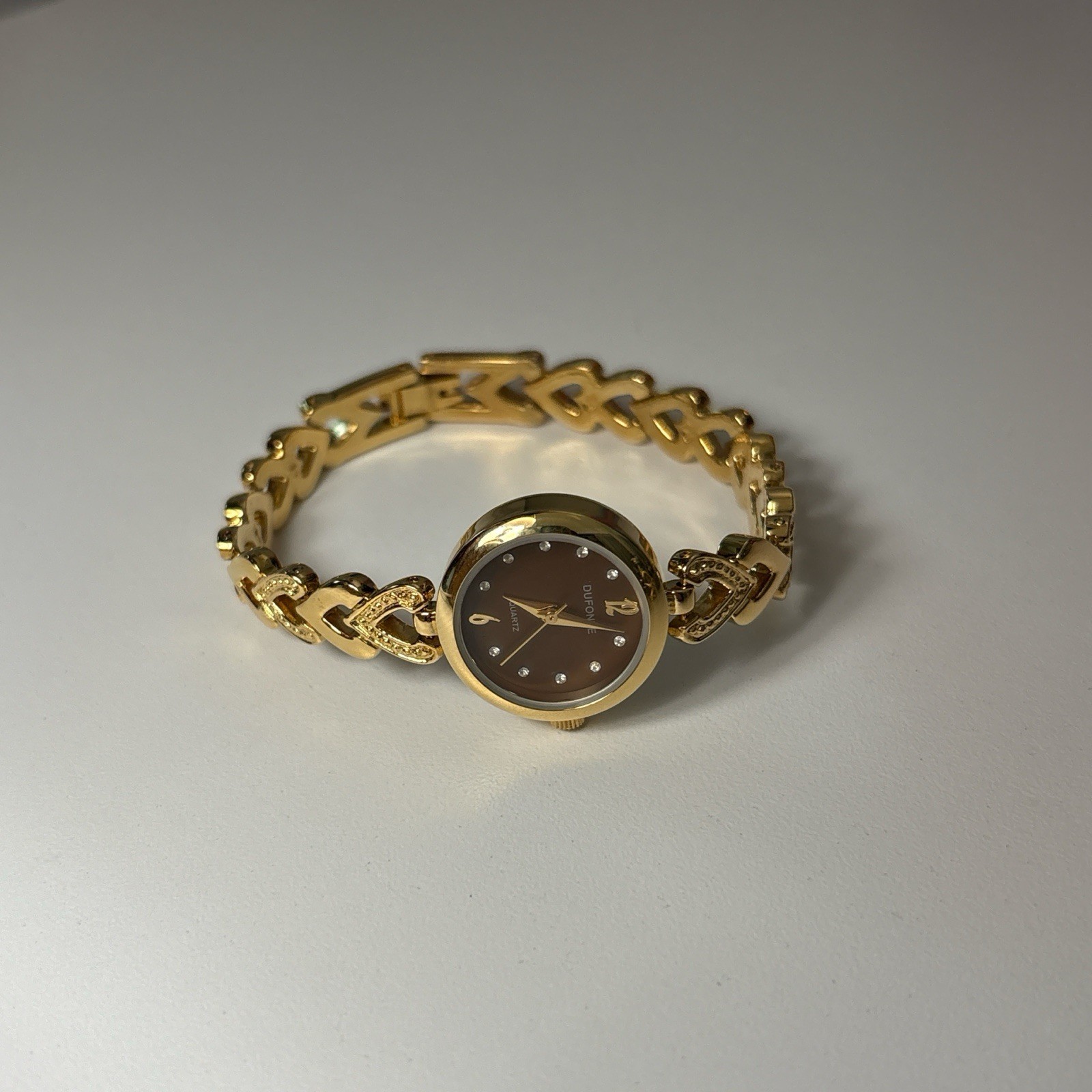 Gold Watch Bracelet With Detailed Heart Link Band