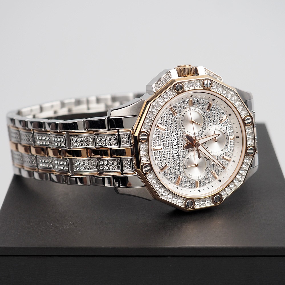 Men’s Bulova Octava Crystal Gemmed Dial Silver & Rose Gold Quartz Watch 98C133