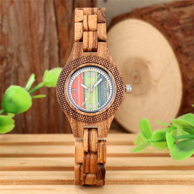 Mutil Color Dial Natural Wood Watch Folding Clasp Wristwatch Gift Idea For Women