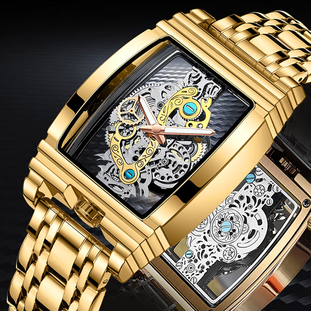 BINBOND Mens Tonneau Watch Stainless Steel Hollow Waterproof Quartz Wrsitwatches