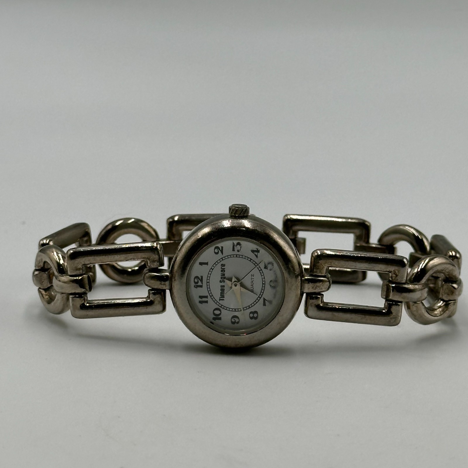 Times Square Watch Women Silver Tone Small Dial Geometric Link Band New Battery