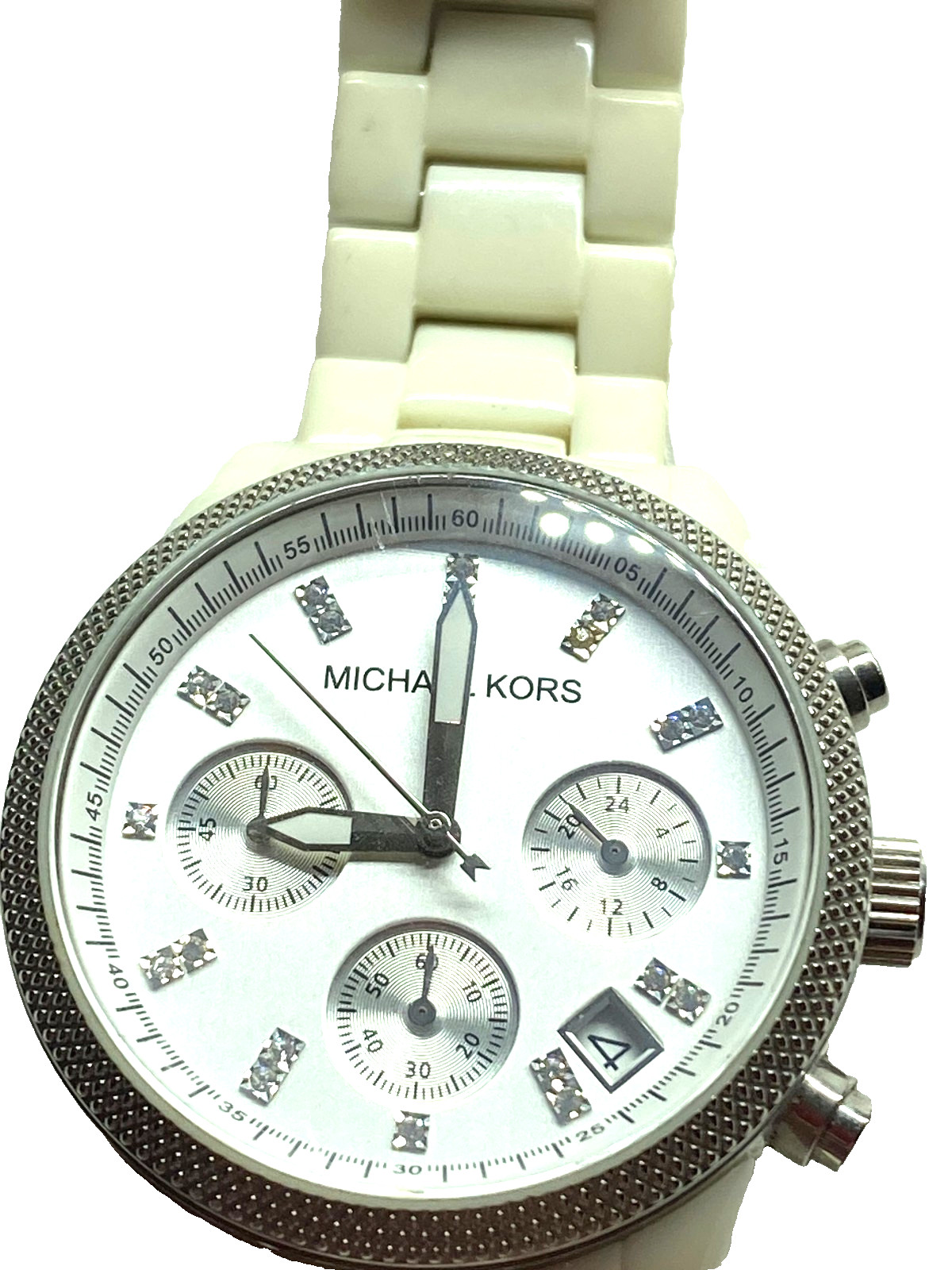Michael Kors MK-5183 White Chronograph Crystal 10mm Wrist Watch Plastic Band