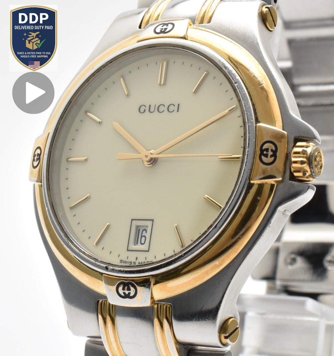 [Exc+5] GUCCI 9040M Quartz Ivory Dial Date Two-Tone Stainless Men’s Watch 18cm