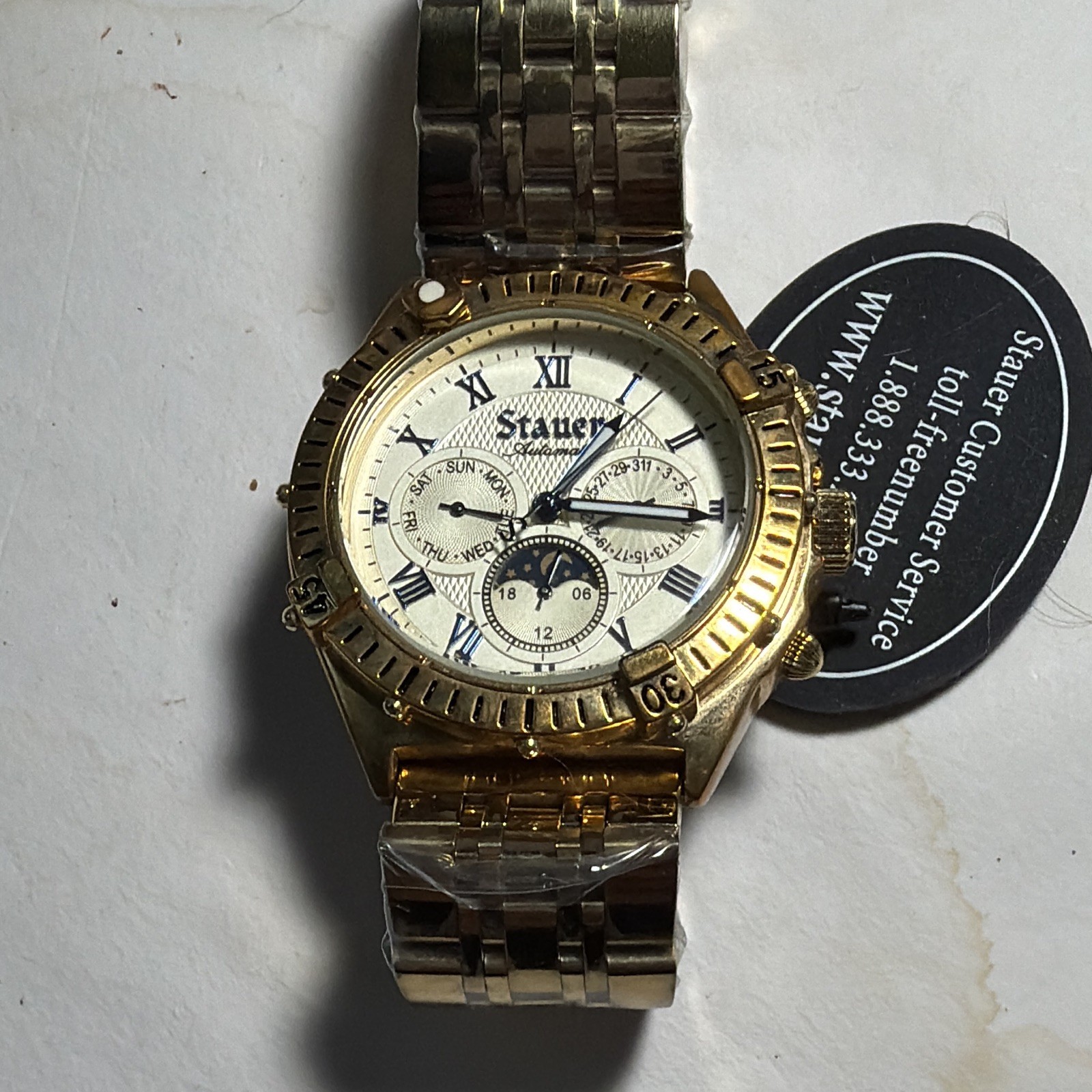 Stauer Magnificat II Automatic Moon Phase Day/Date Gold Tone Steel 42mm