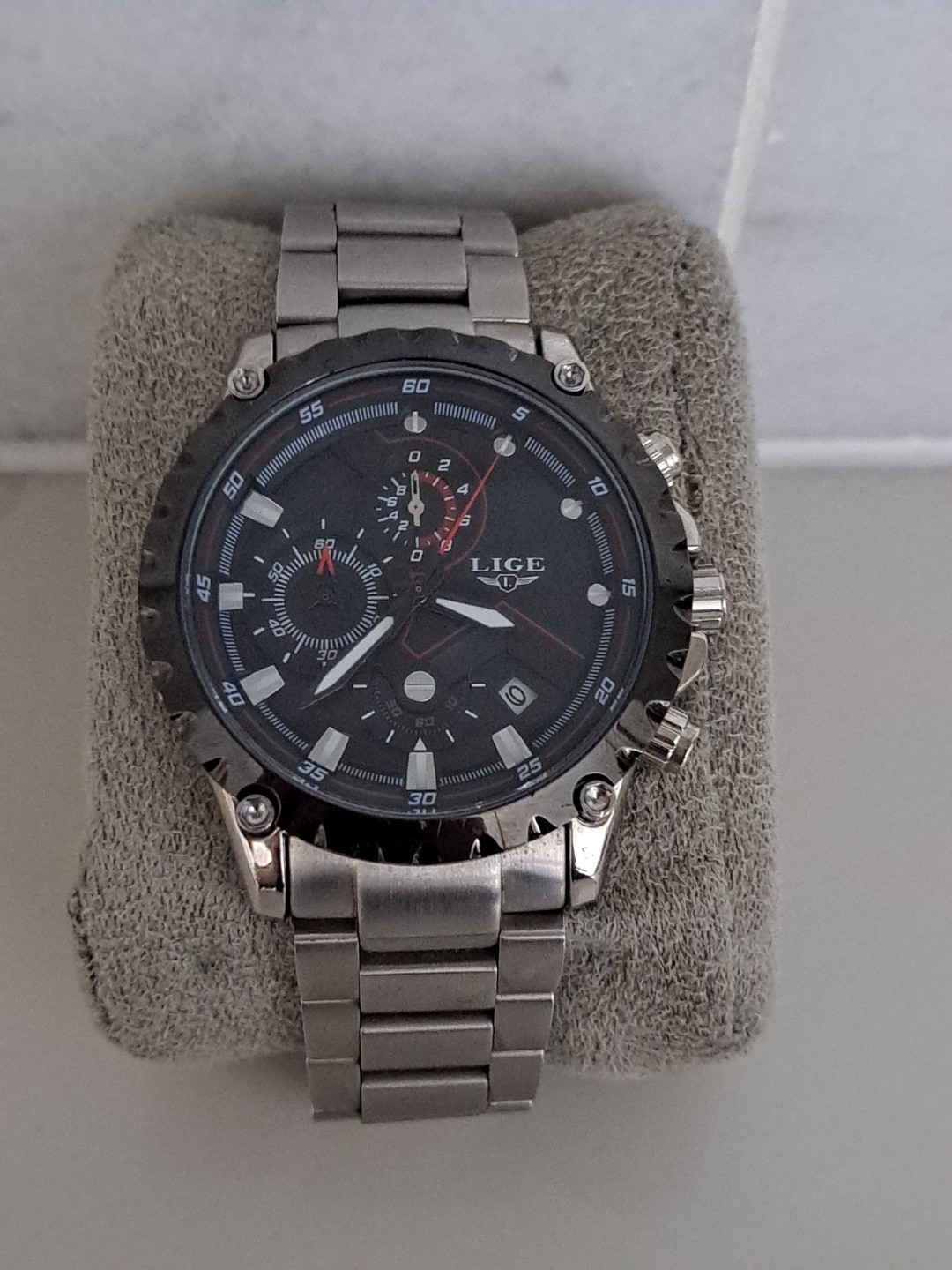 Large Mens Lige Watch Working Chronograph Timer Quartz Movement Black Dial