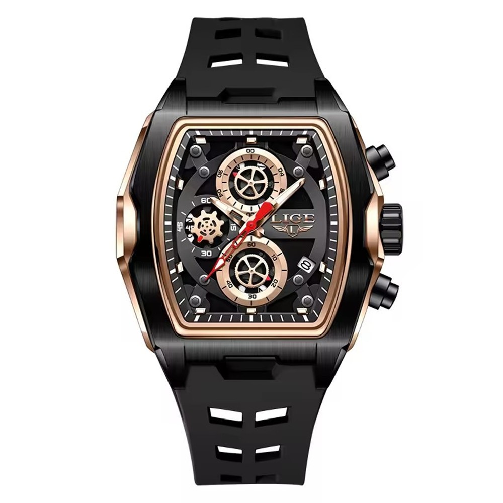 LIGE Men Silicone Watch Rectangle Sport Wristwatch Chronograph Date Male Watches