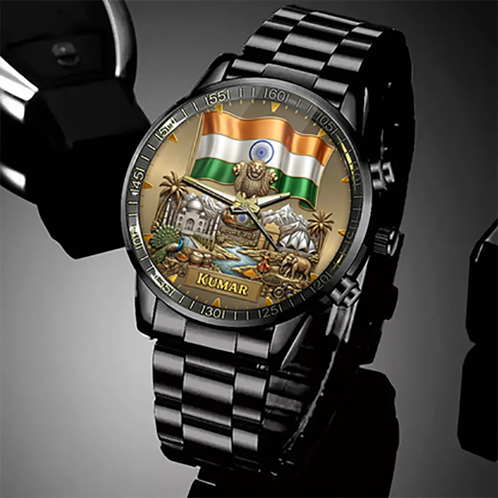 Personalized India Heritage Watch – Custom Name With Flag and National Emblem