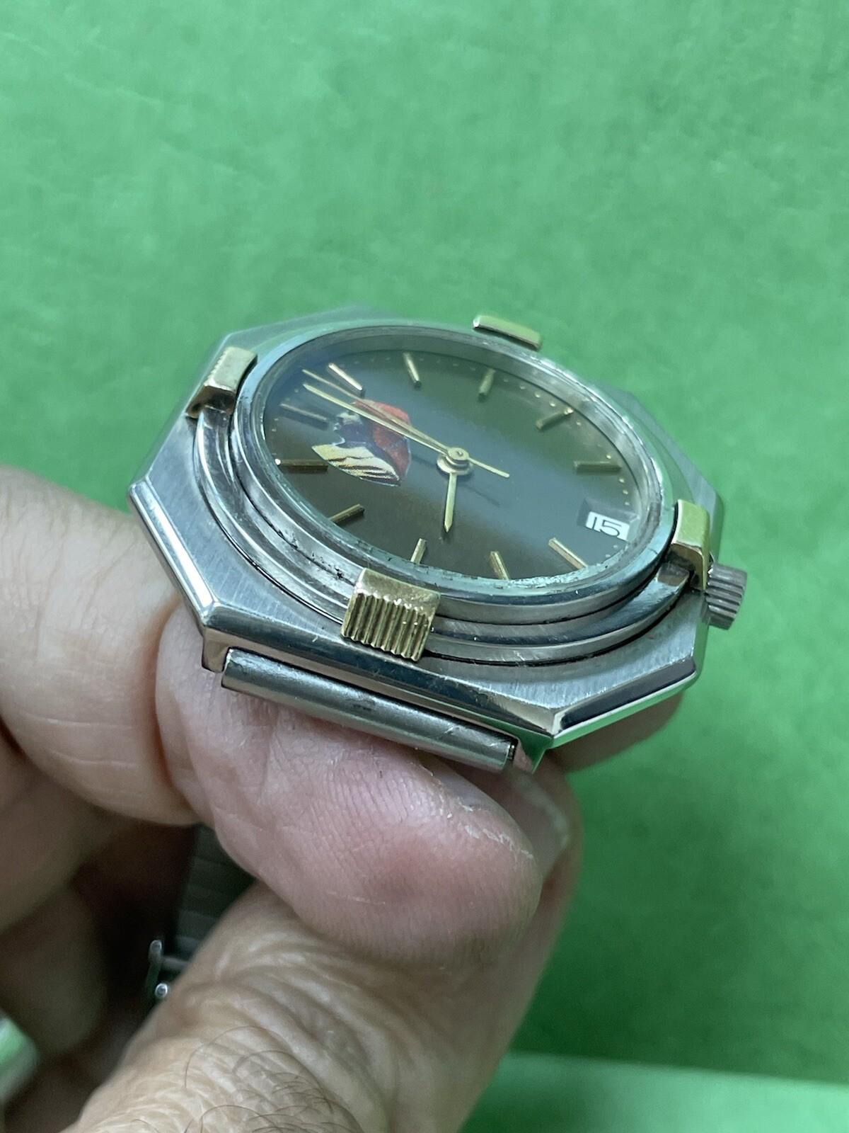 SWISS Cyma President Saddam Hussein Iraq Watch Men Black Dial SS 18k Gold R35