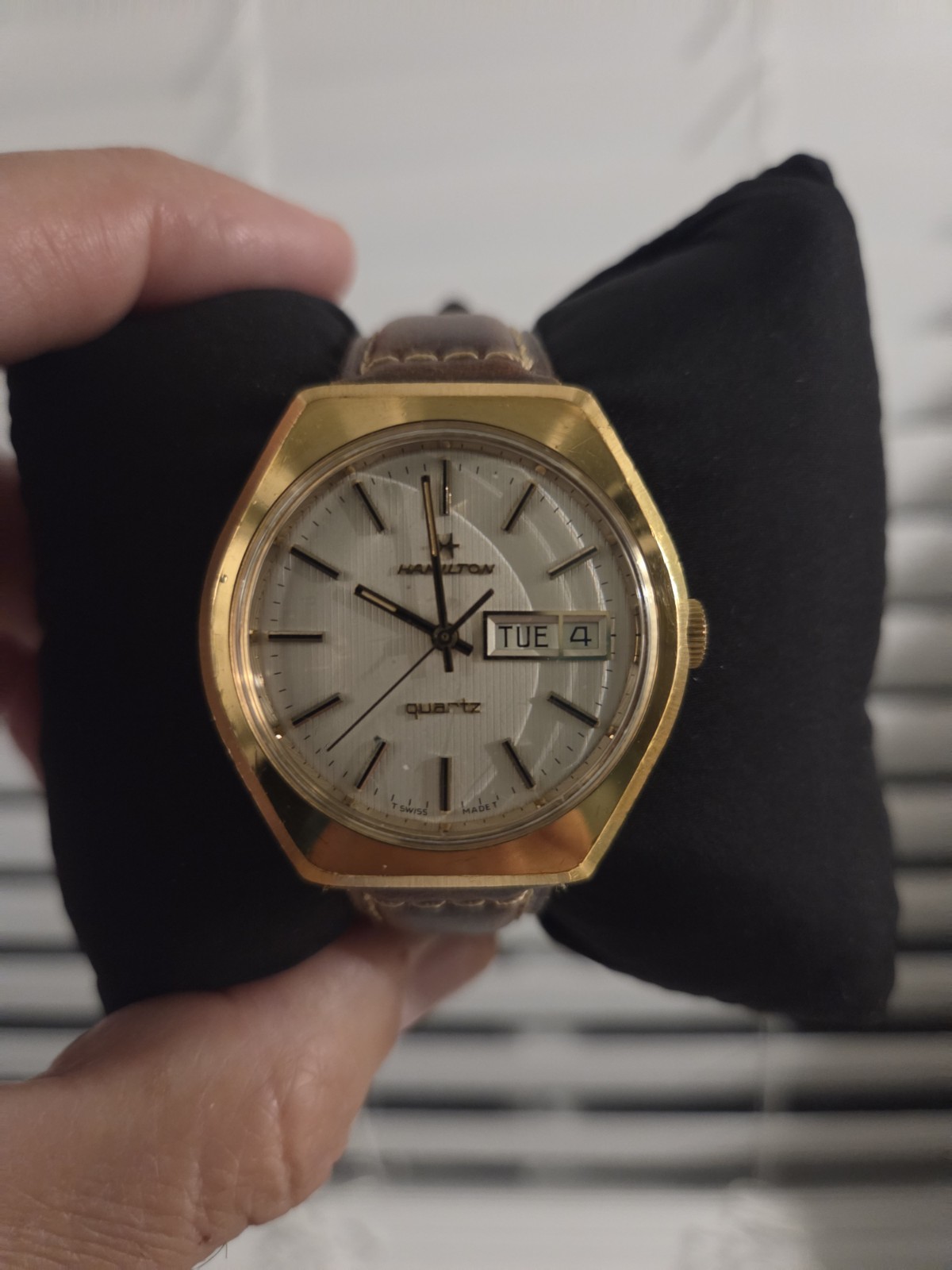 Hamilton Quartz Day/Date Hexagon Gold-Plated Case Silver Dial Brown Leather