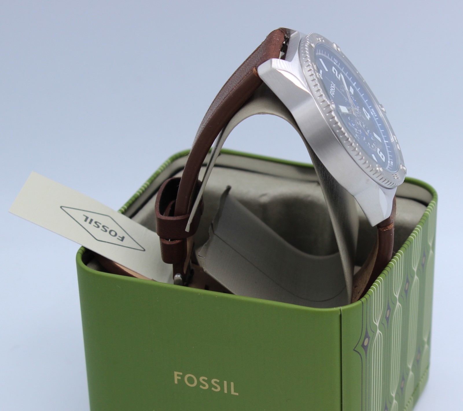 Fossil Brox Silver Blue Chronograph Brown Leather BQ2799 Men Watch