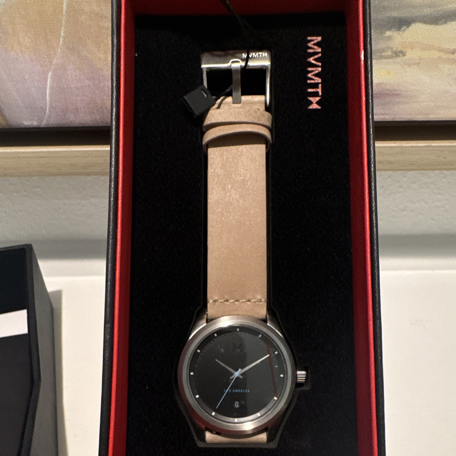 MVMT Los Angeles Quartz Black Dial 42mm Beige Leather Watch w/ Box Manual