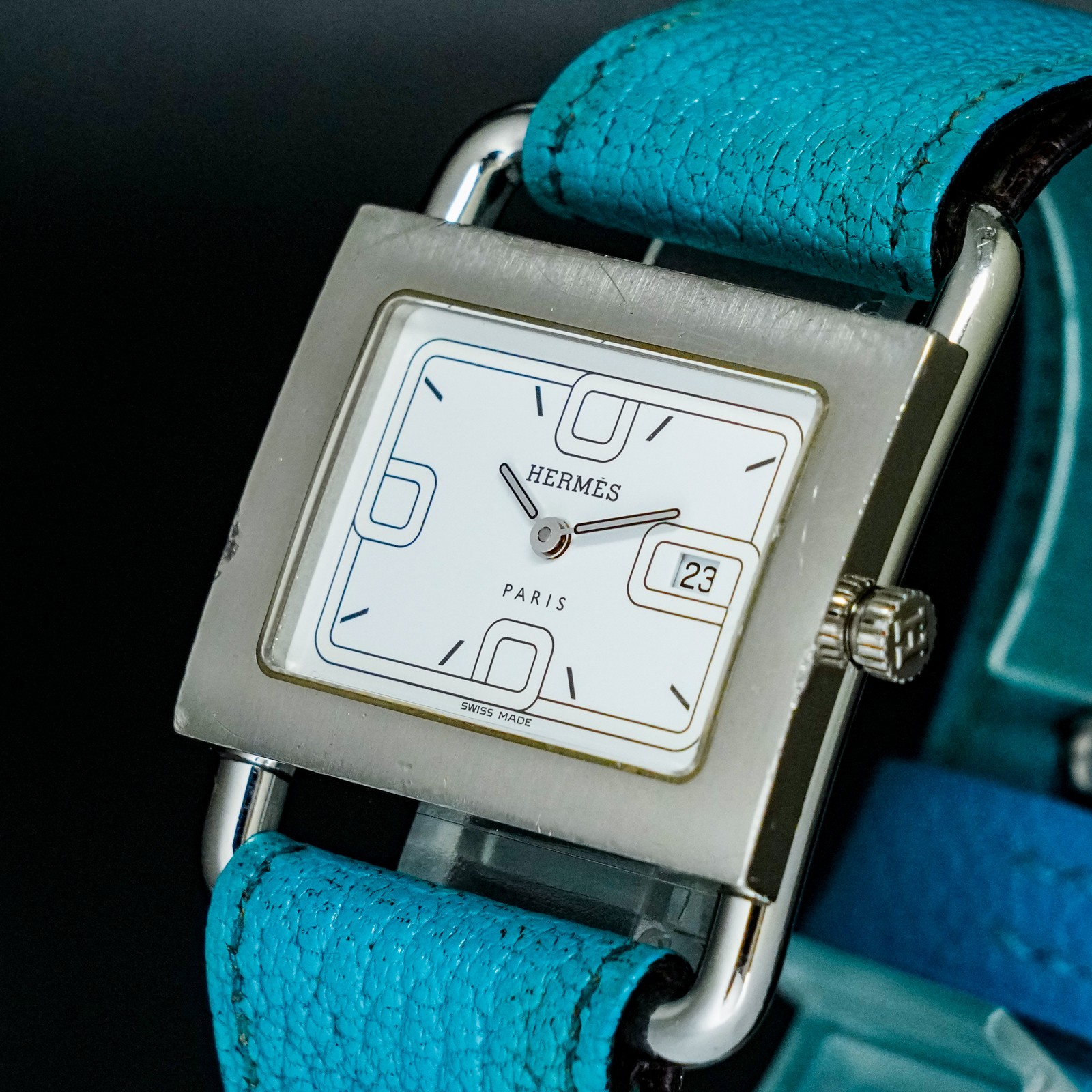 Vintage HERMES Barenia BA1.510 White Dial Date Square Quartz Unisex Adults