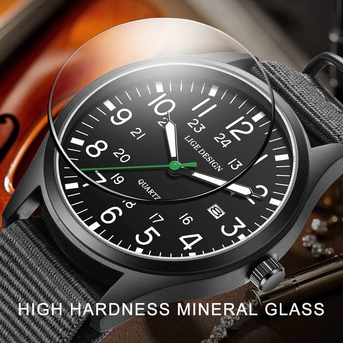 LIGE Men Watch Quartz 24Hours Nylon Band Luminous Waterproof Casual Wristwatch