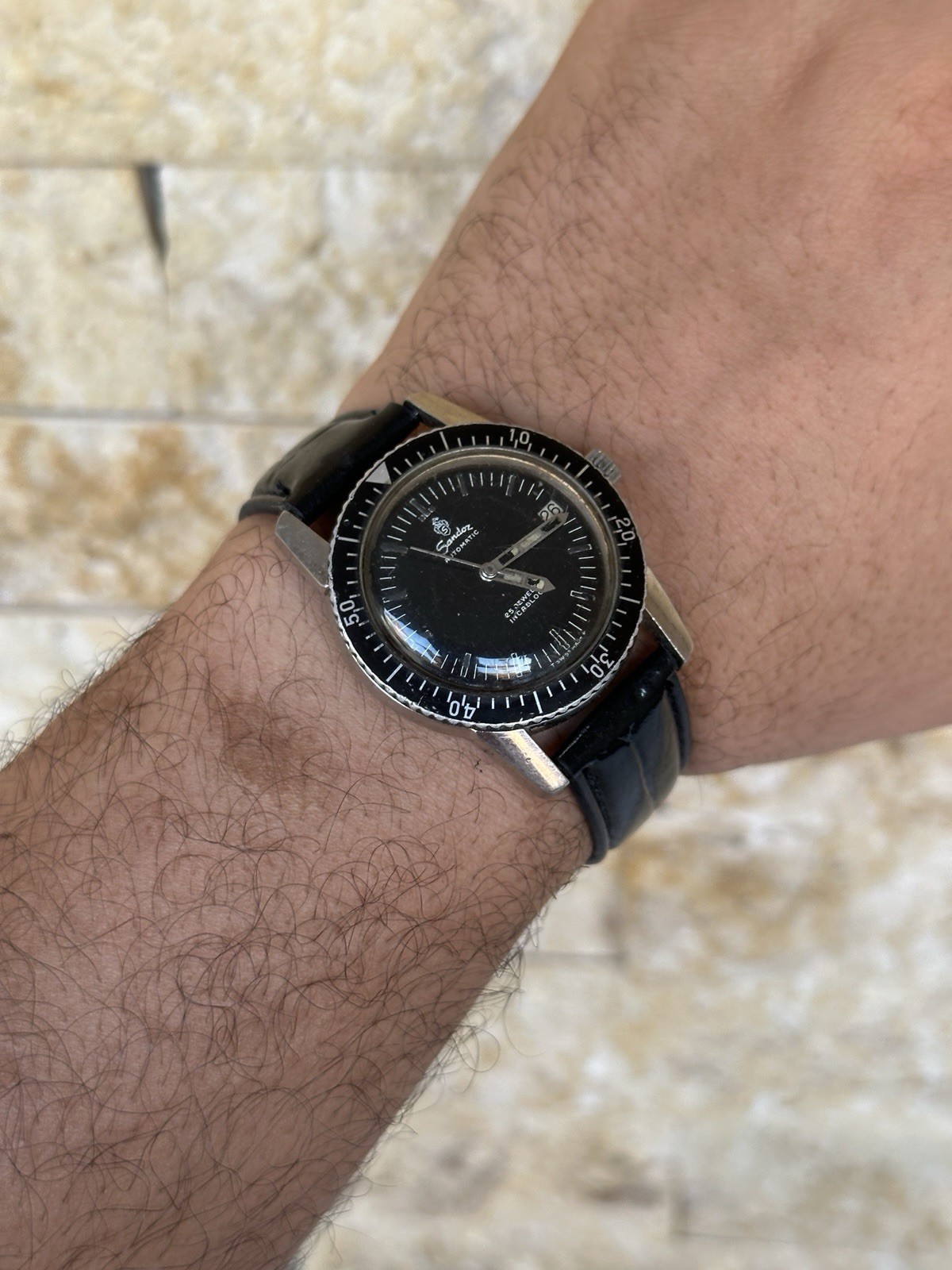 Rare Vintage Sandoz Automatic Skin Diver Watch 25 Jewels 37mm Boxed Black Date