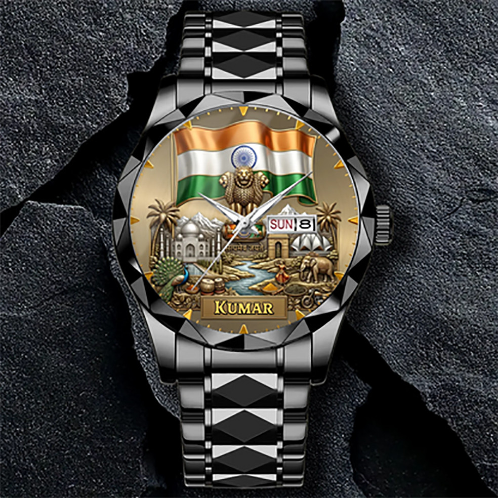 Personalized India Heritage Watch – Custom Name With Flag and National Emblem