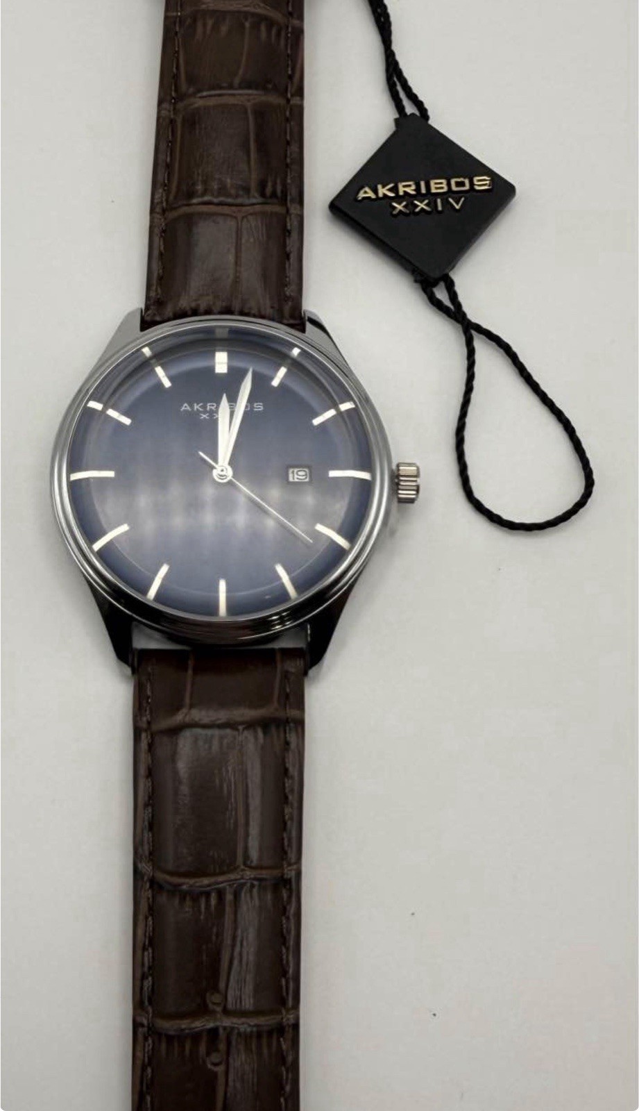 Akribos XXIV Men’s Quartz Dress Watch Blue Dial Date Brown Leather Strap 40mm