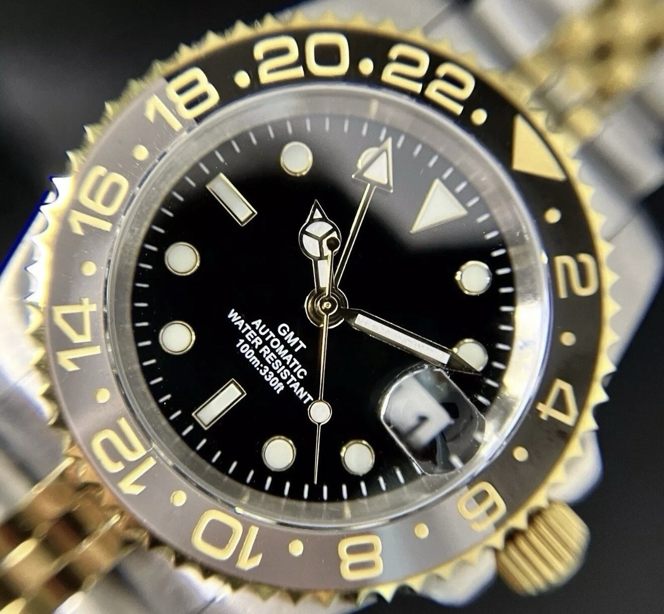 Custom 40mm GMT Style Two Tone Gold Mod Watch w/ NH34 Automatic Movement