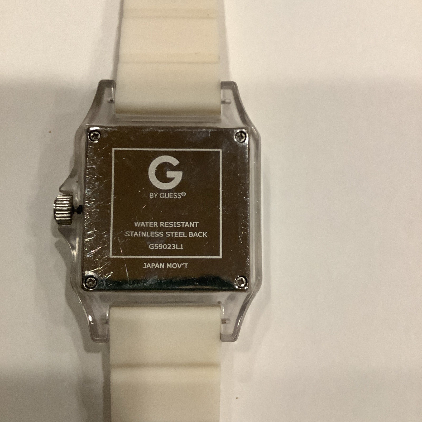 G by GUESS G59023L1 White Dial & Rubber Band Plastic Square Unisex Watch, Used