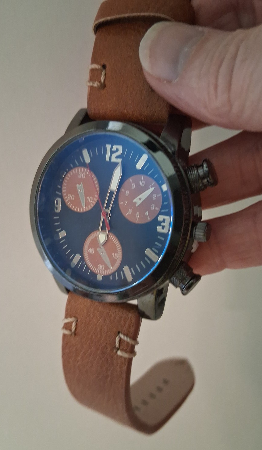Chronograph Watch Dark Brown face Brown subdials Brown leather strap Working