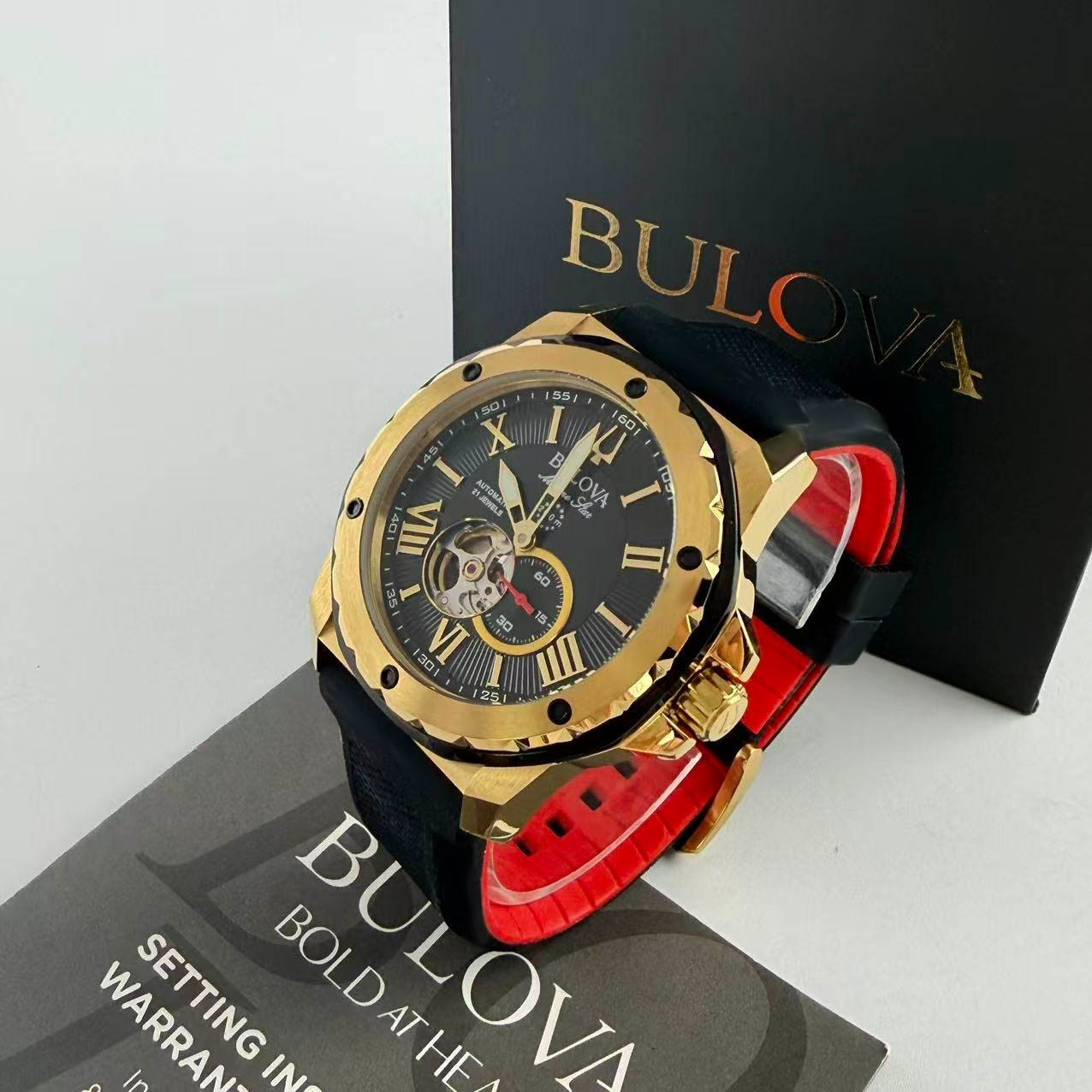 Bulova 98A272 Men’s Marine Star Automatic Watch Black Dial Silicone Strap 44.5mm