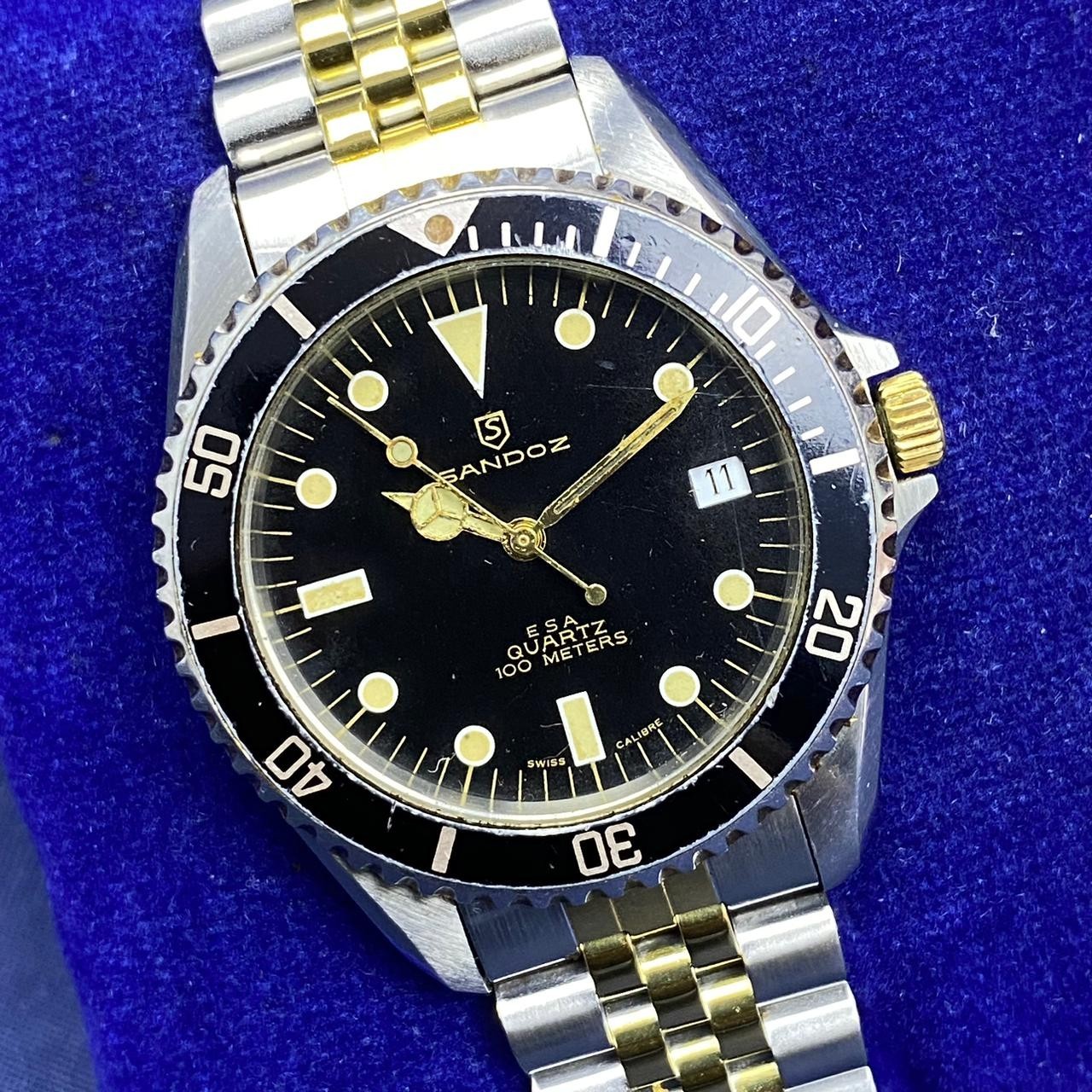 RARE Sandoz Diver ESA Quartz Black Dial Black Bezel TwoTone Date Vintage Watch