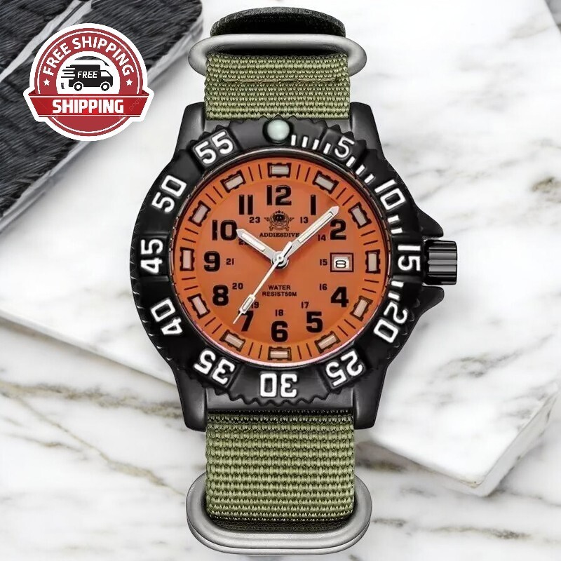 40MM ADDIESDIVE Military Quartz Watch Dive Men’s Nylon 50M Waterproof Luminous