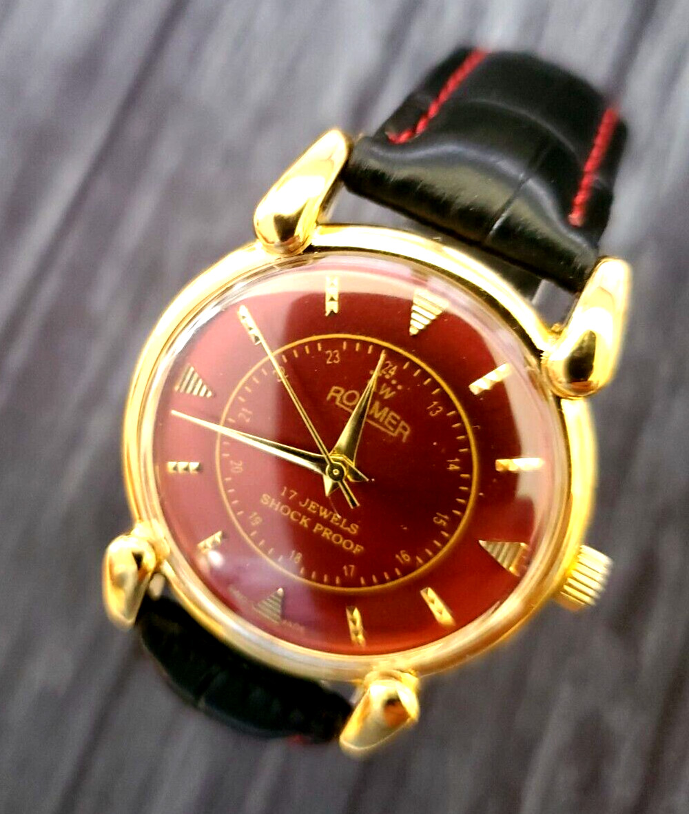 RARE Roamer Brevete Dauphine Swiss Mens Mechanical Watch RED Satin Dial Serviced