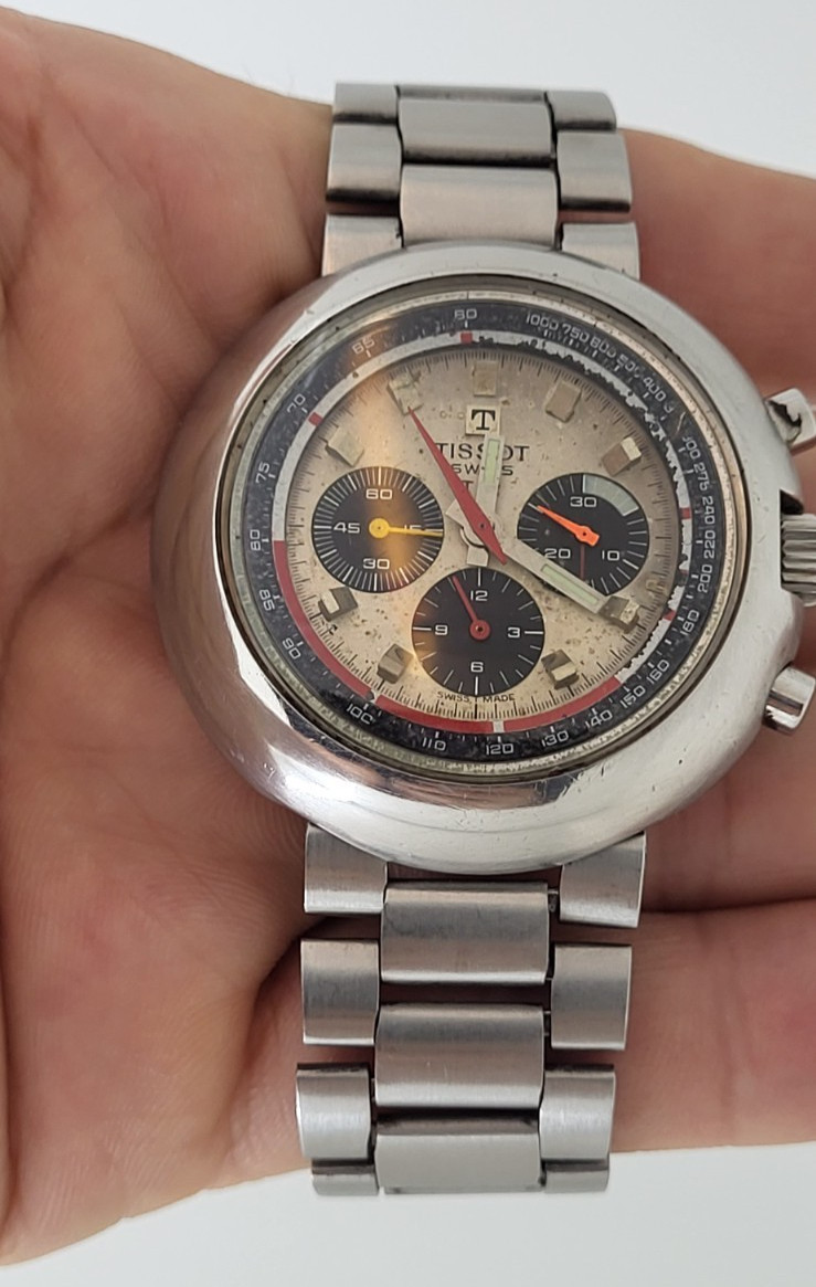 Tissot T12 chronograph watch, manual wind, Lemania caliber 873 (runs and stops)