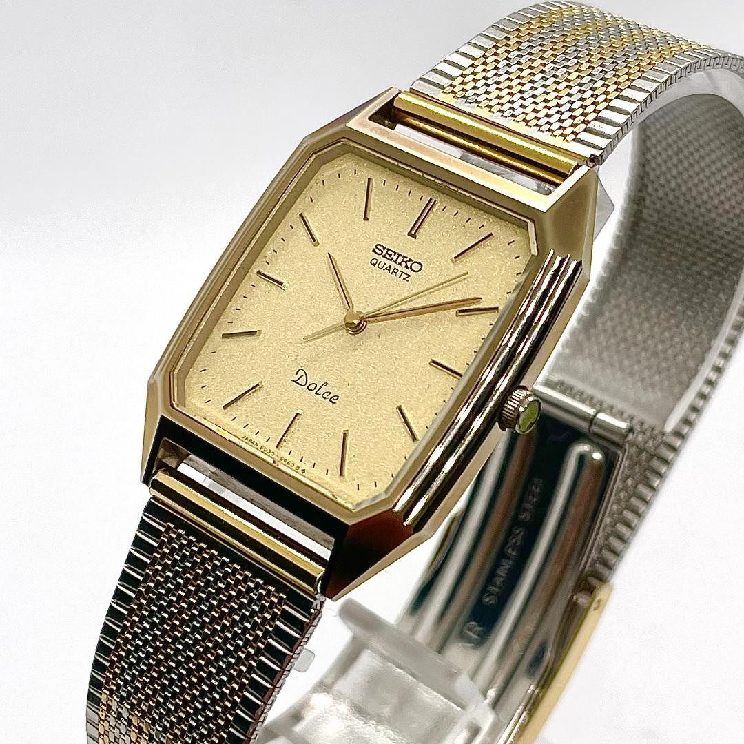 SEIKO Dolce 6030-5390 Quartz Mens Watch Gold Guilloche Dial Rectangular Slim