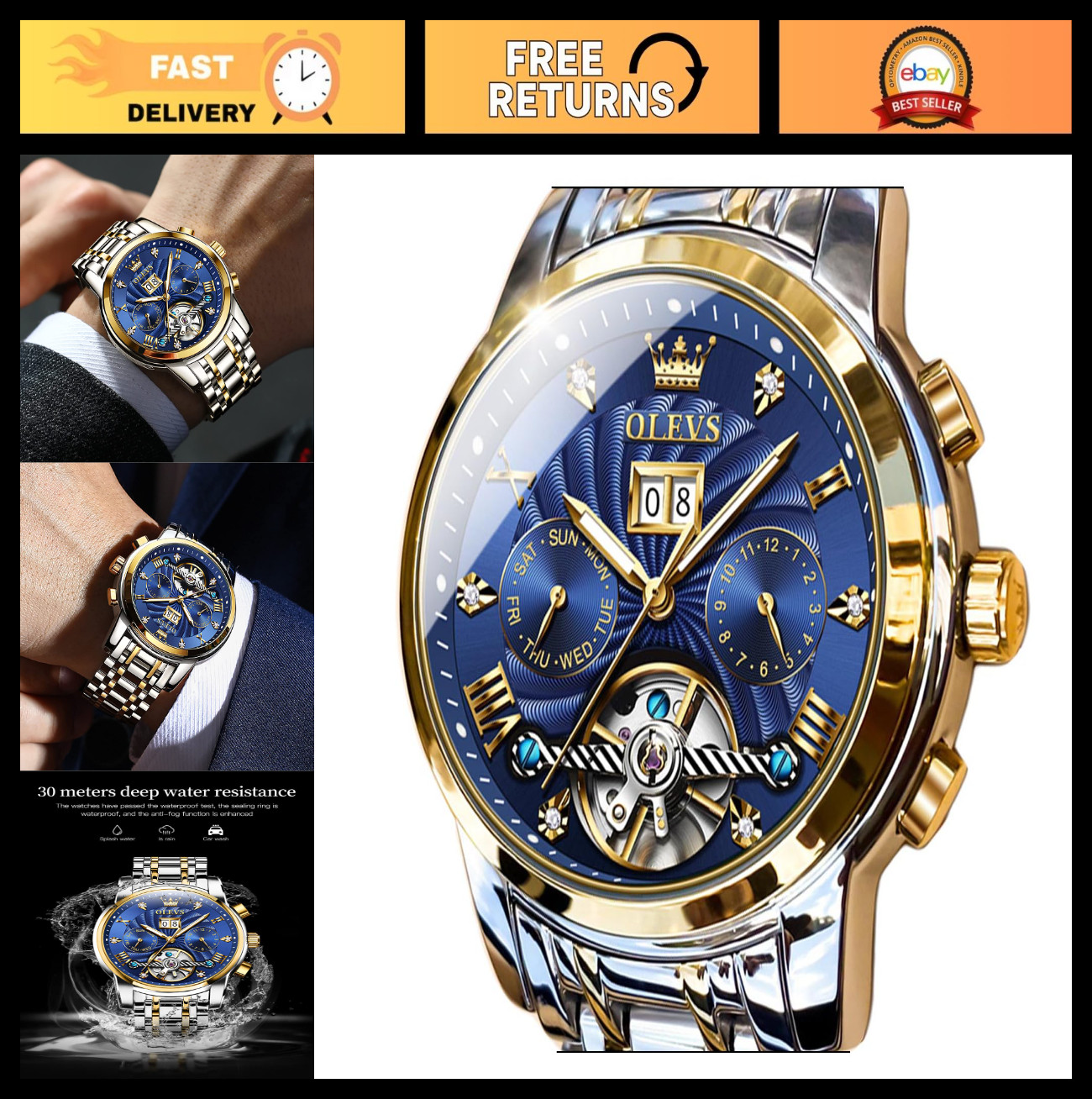 Men’s Automatic Skeleton Watch, 5 Hands Mechanical, Luxury Multi-Calendar, Water