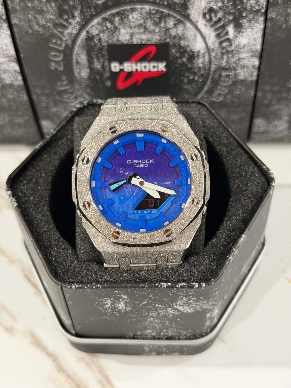 Casio GA-2100 G-Shock Watch – Sandblasted Silver Frosted – Blue Dial