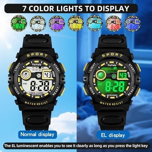 Kids LED Digital Sport Watch 50M Waterproof Alarm Stopwatch 7-Color Light Gift