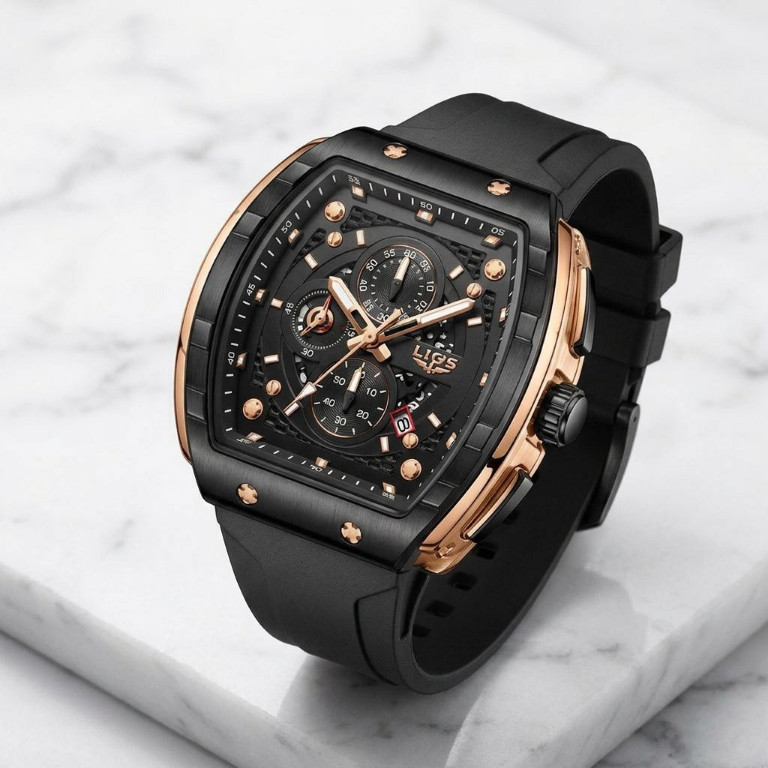 Men Black Dial Silicone Strap Rectangle Sports Wristwatch Gold Trim Analog Watch