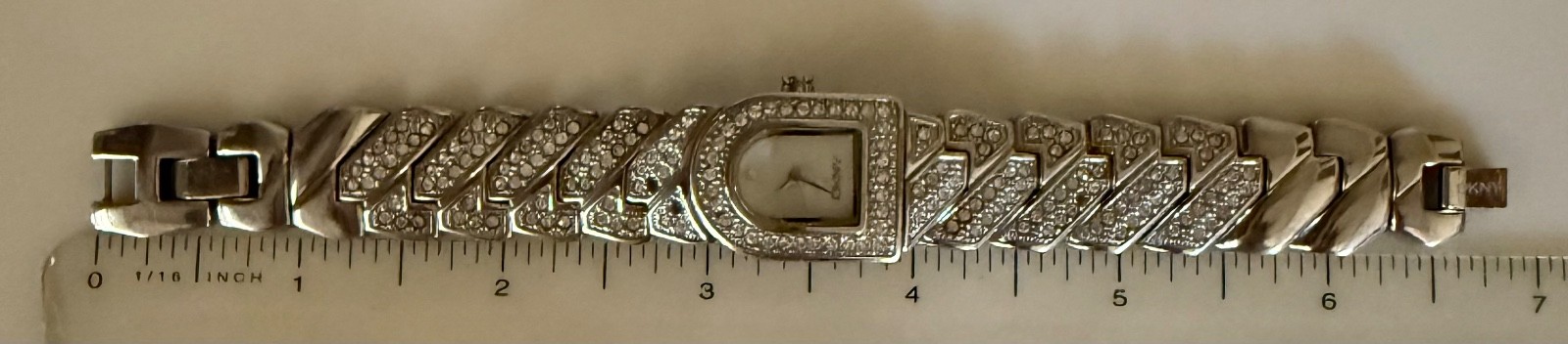 Vintage DKNY Crystal Pave D Logo Link Bracelet Watch Stainless Steel As Is