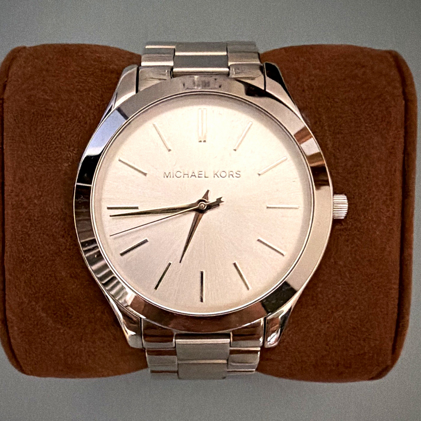 Michael Kors Slim Runway Quartz 42mm Silver Dial Bracelet 50m w/ Box Papers