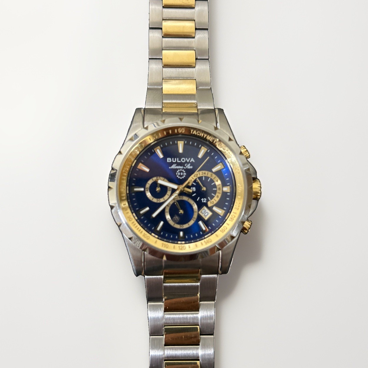 Bulova Marine Star 98B470 Chrono Stainless Steel Silver Blue Dial Men Watch