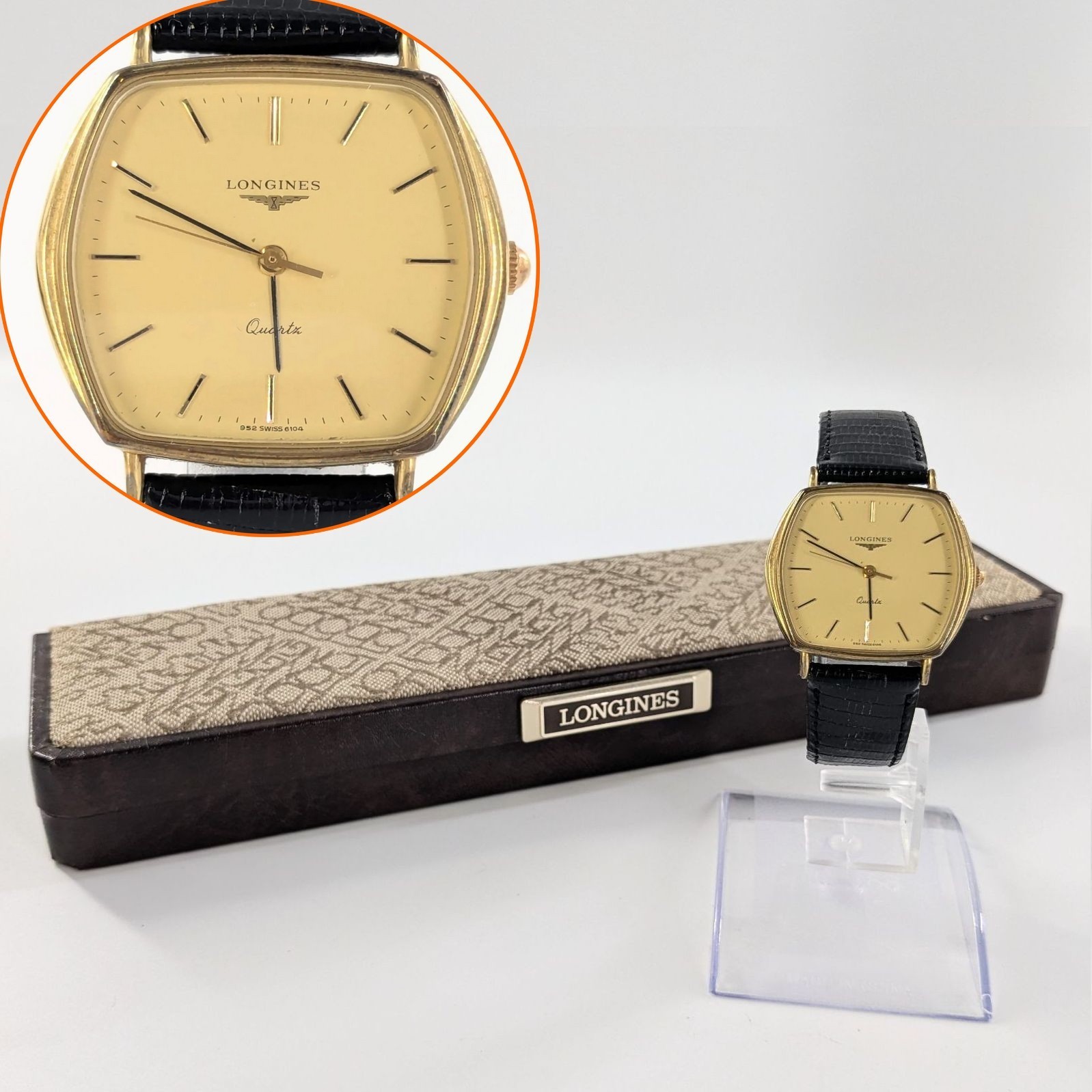 Longines L156.4 Hexagon Gold Dial Quartz 34mm Men Dress Watch Leather Strap Box