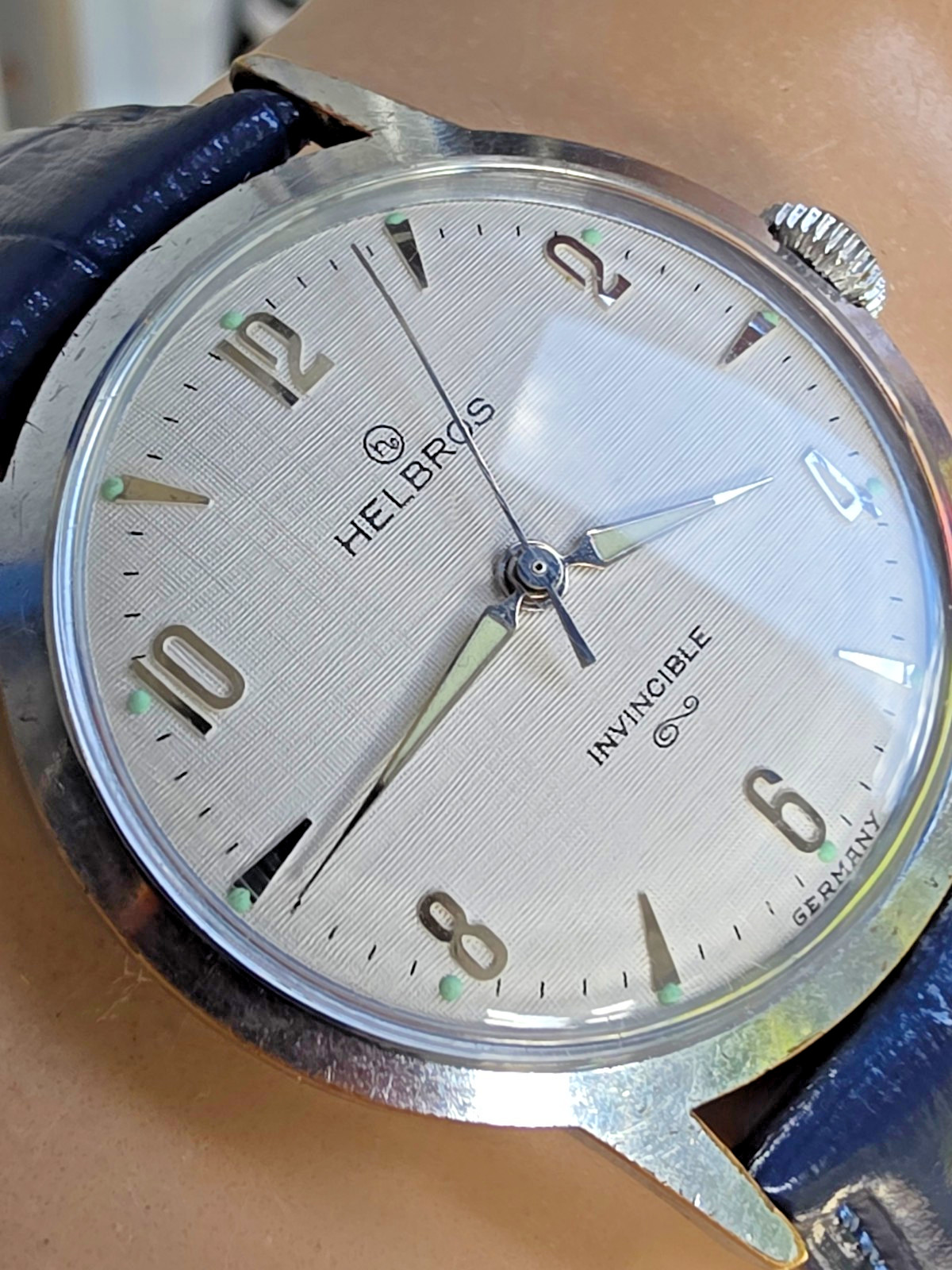Vintage HELBROS men’s manual wind watch Linen dial PUW 61 Germany 1950s