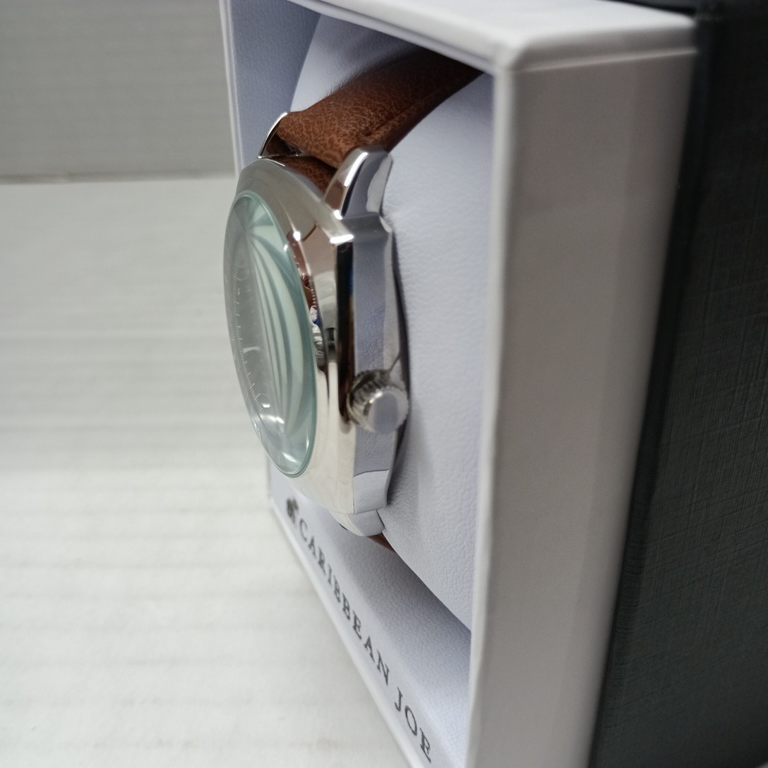 Caribbean Joe Watch Men 44mm Case Brown Band Blue Dial Silver Tone w/ Box