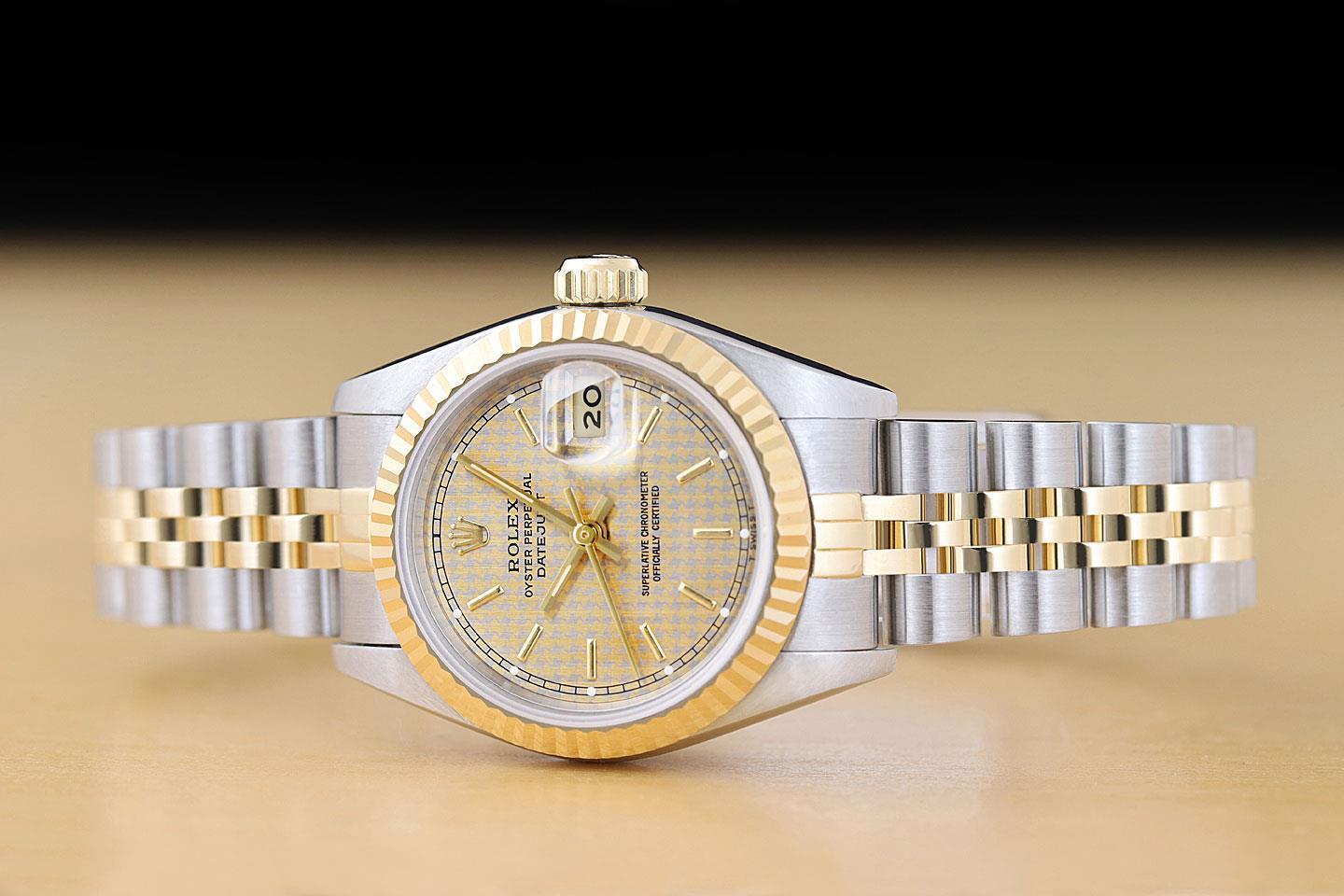 ROLEX LADIES DATEJUST 69173 HOUNDSTOOTH DIAL 18K YELLOW GOLD STEEL 2-TONE WATCH