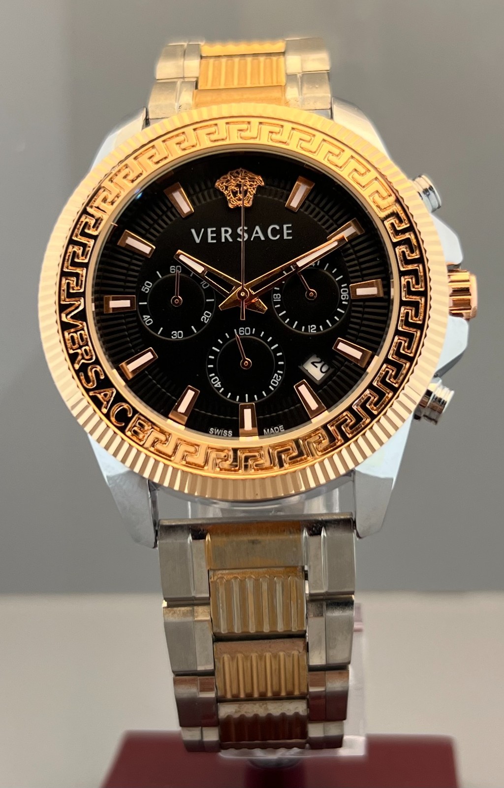 Vintage Men’s Versace Greca Action Chrono Quartz Black Dial Two-Tone Wristwatch