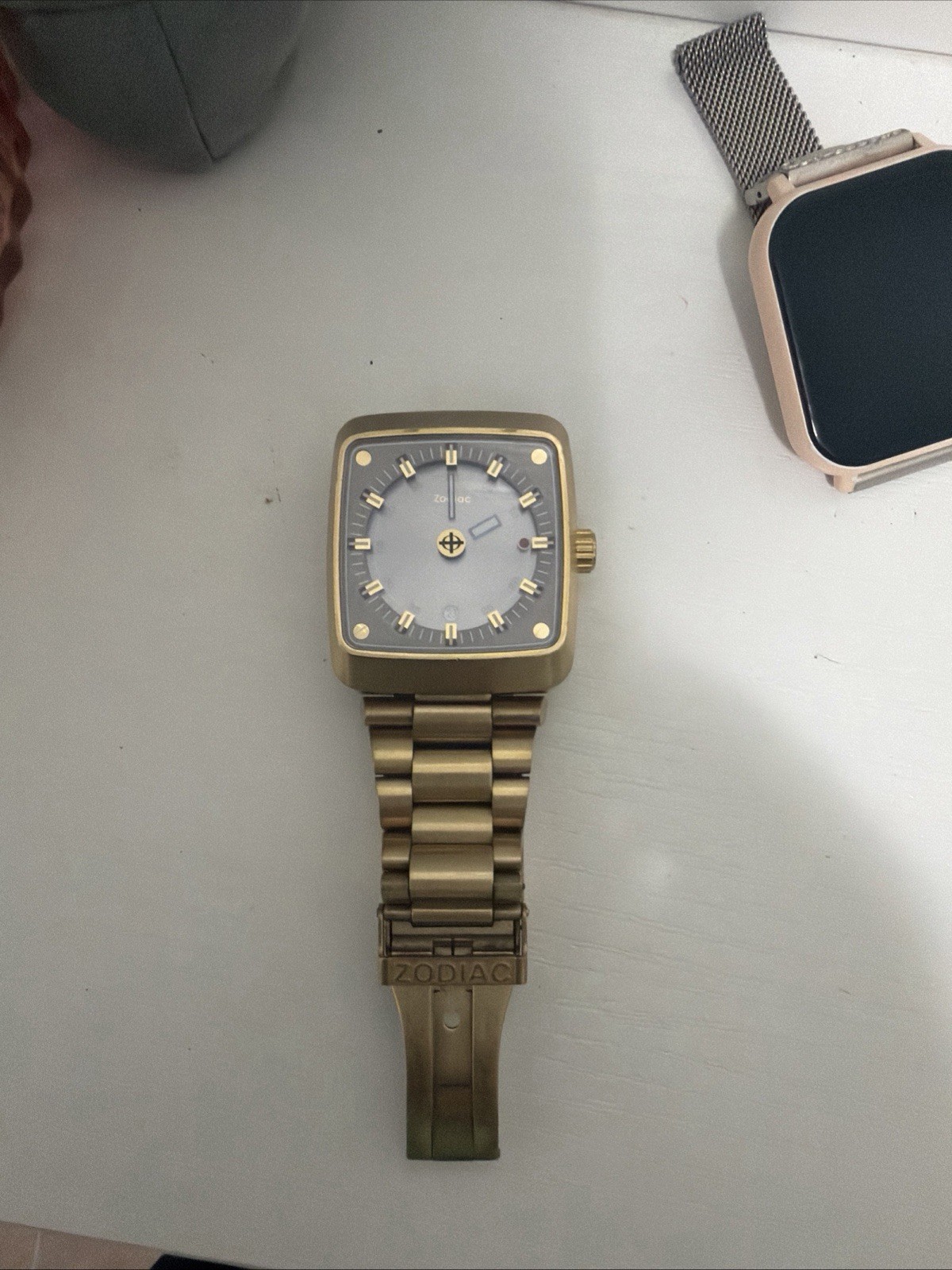 Zodiac Men’s Square Quartz Watch Date Gray Dial Gold Stainless Bracelet 100m