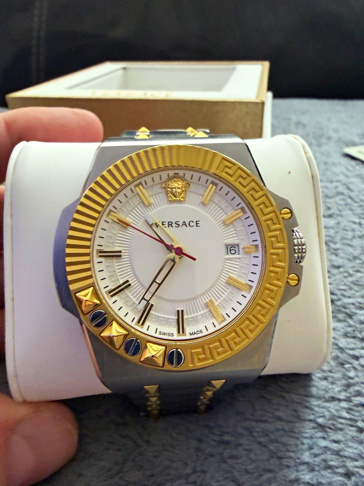 Versace Two-Tone Swiss Made Quartz Date Watch 50m w/ Box & Papers