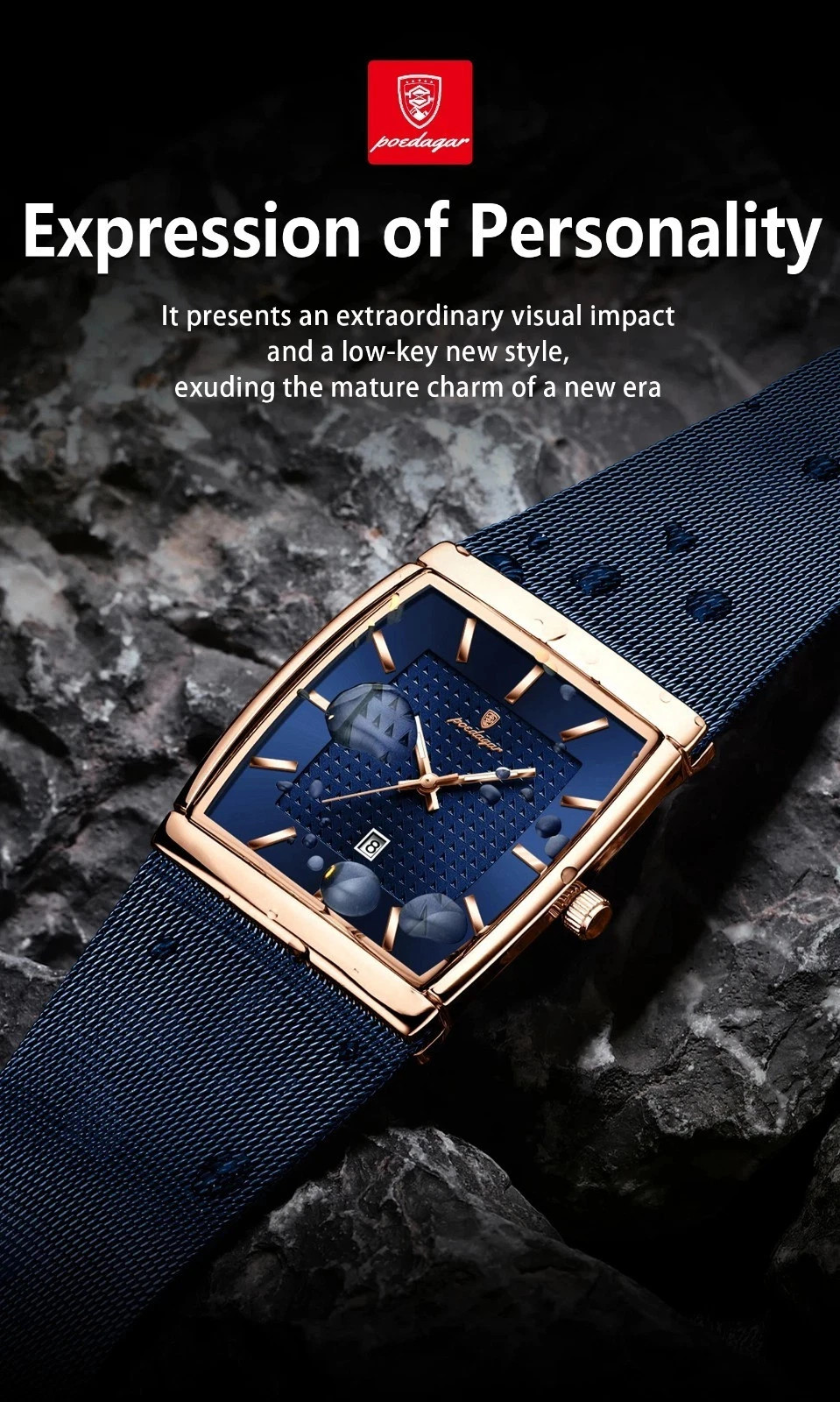 Luxury Men’s Watch Rectangle Steel Mesh Waterproof Luminous Date Quartz