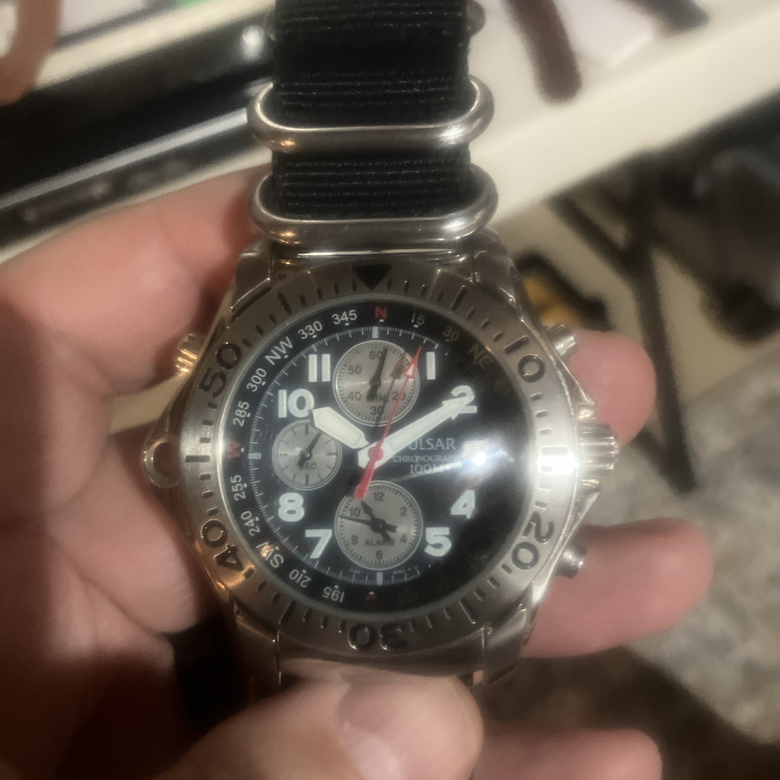 Seiko Mens Quartz Chronograph Date 100m Black Dial Silver SS Black Nylon
