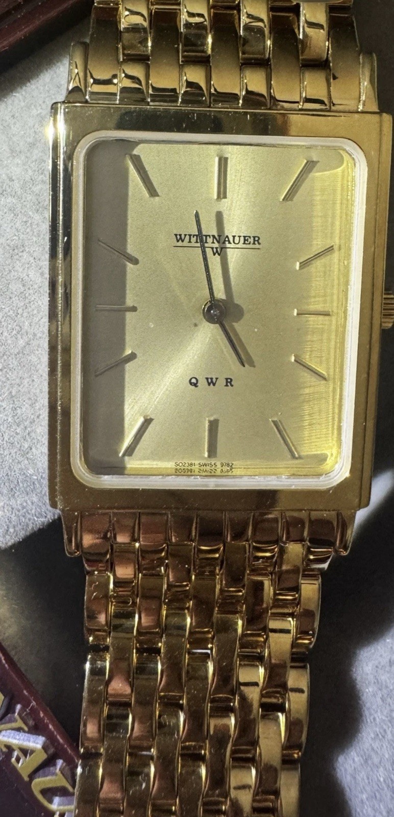 NEW Wittnauer QWR Gold Tone Quartz Mens Tank Dress Wrist Watch S02381 Swiss 9782