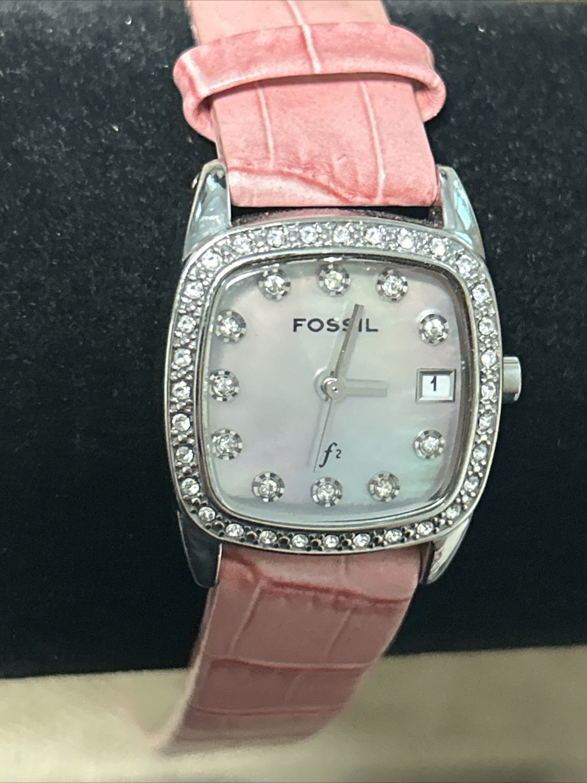 NEW Fossil F2 Watch Date Gem Set Bezel Pearl Dial Quartz Analog ES-1013 Women’s