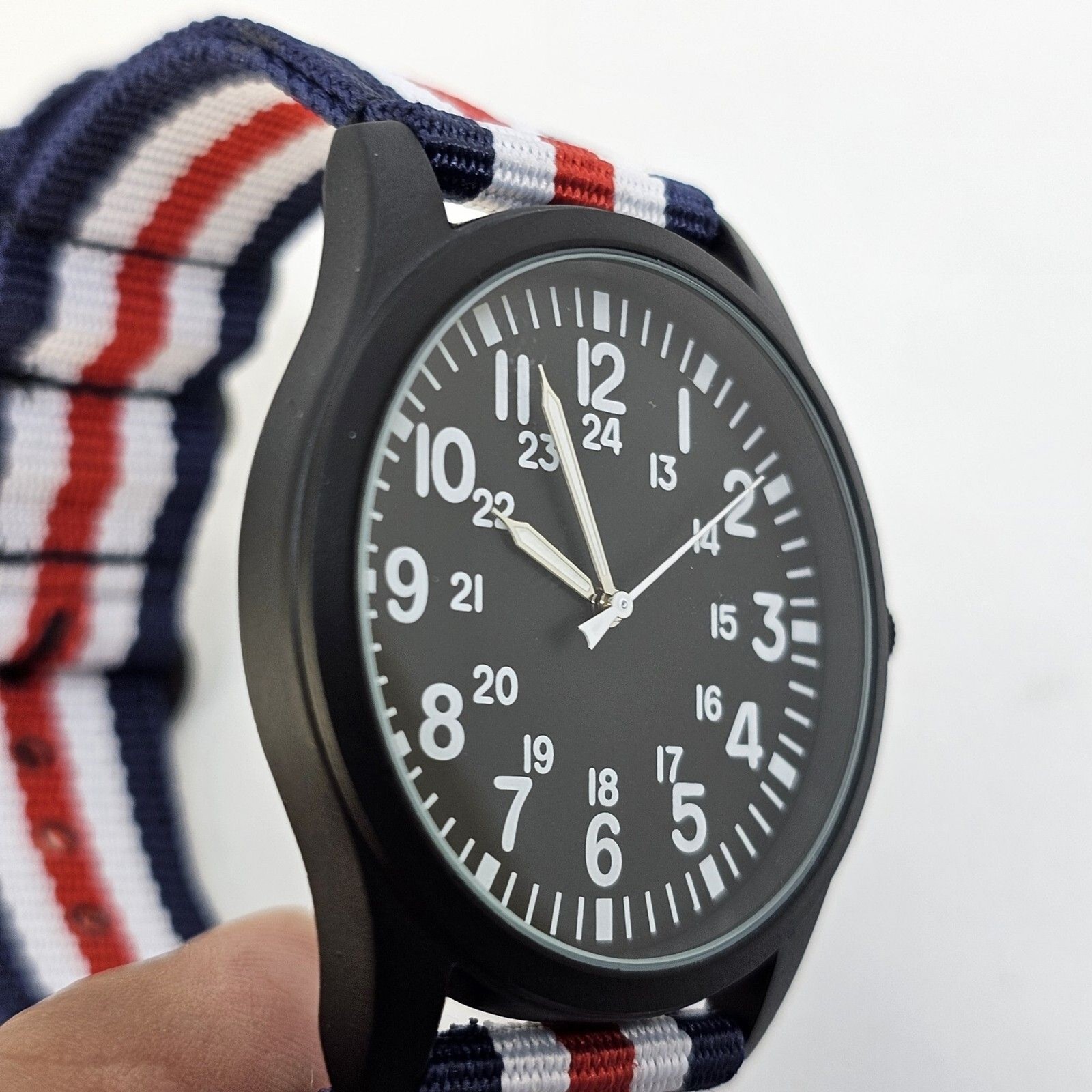 Field Men’s Watch 42MM Black Case Dial Blue White Red Canvas Band Straps NewBatt