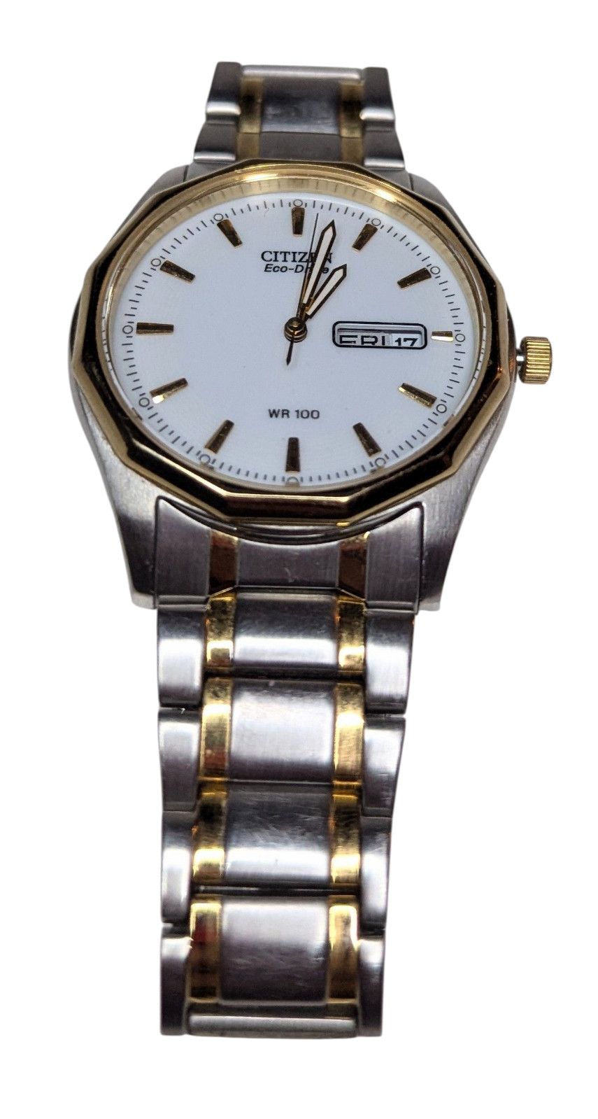 Citizen Eco-Drive E101-S053439 Two Tone WR 100M Day Date Watch Fresh Battery!