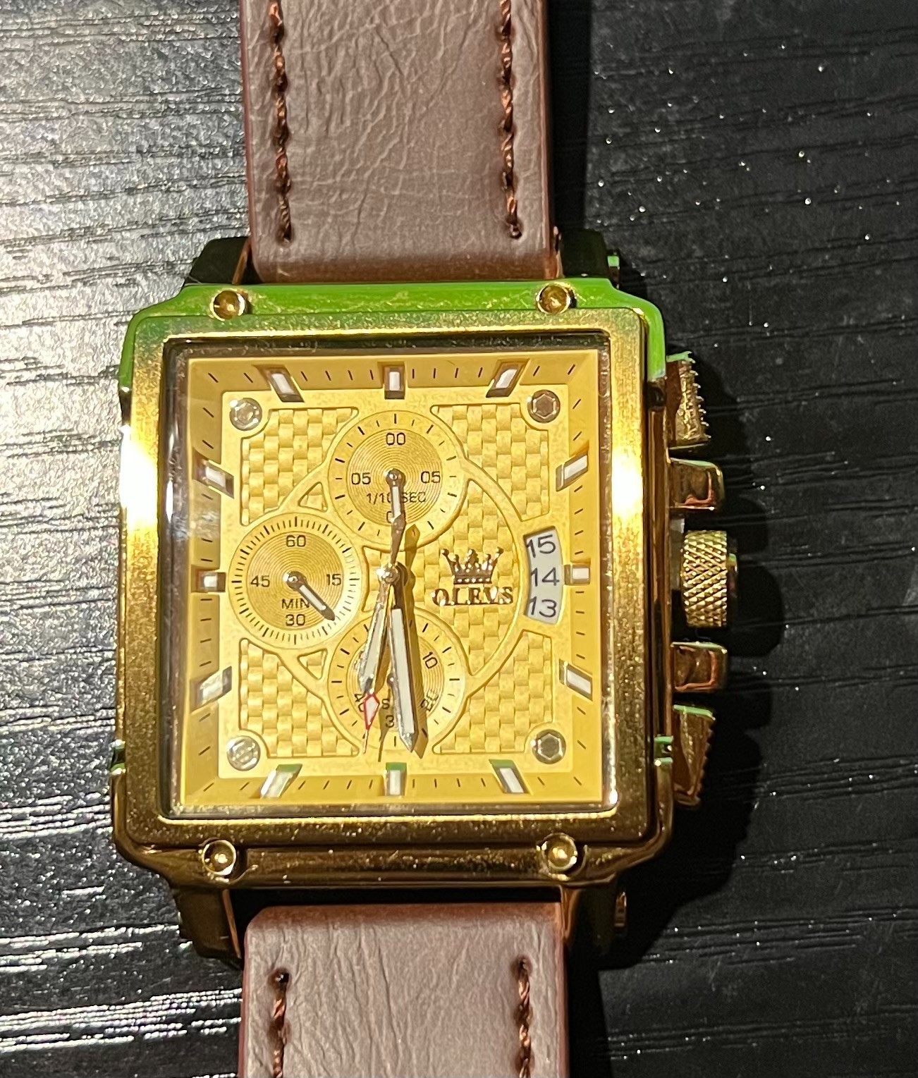 OLEVS Men’s Gold Tone Square Chronograph Watch Brown Leather Band Date Display